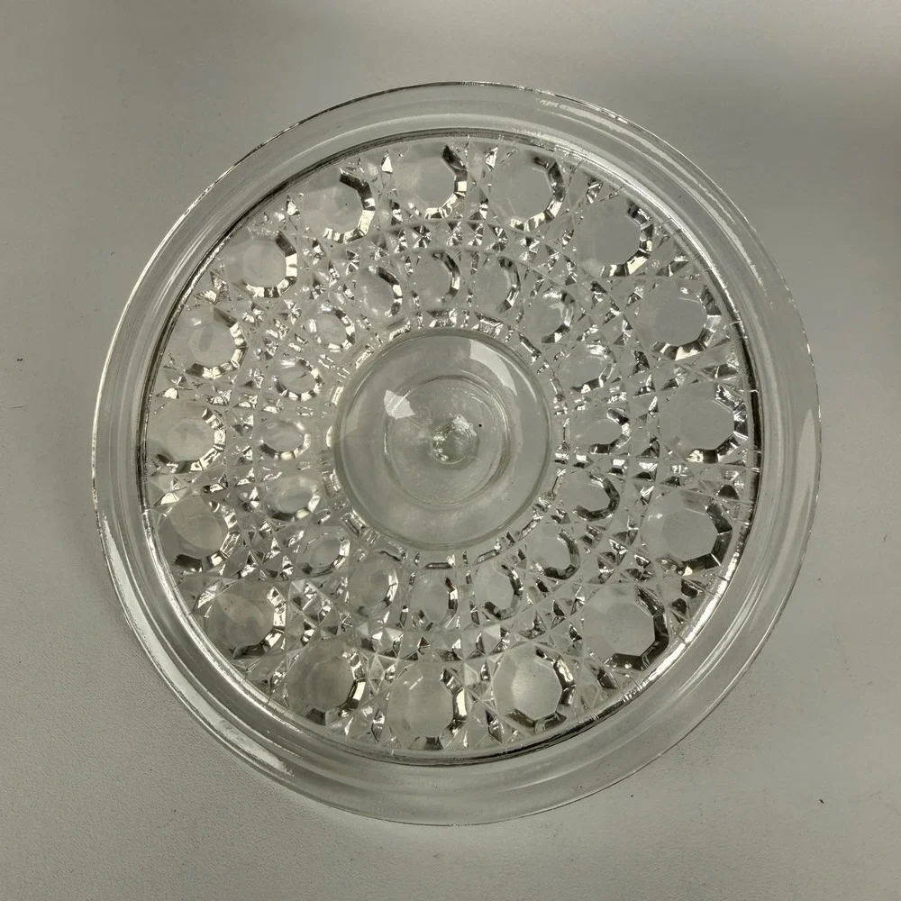 Vintage Clear Pressed Glass Candy Dish with Lid Diamond Point Thumbprint 8 Inch